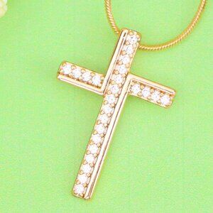 "Rose Gold Cross Pendant with White Crystals in Minimalist Design, XPPT1505